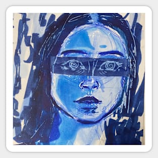 Hypnotized girl blue mixed media traditional abstract painting Sticker